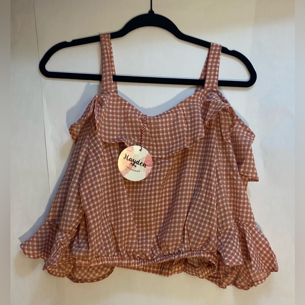 Hayden Los Angeles Gingham Cold Shoulder Bell Sleeve Ruffle Top Rust H6394 L‎